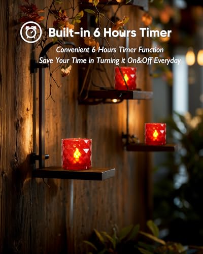 Homemory 2" x 2" Acrylic Votive Candle Holders with Auto Timer Flameless Led Tealight, Battery Powered Fake Electric Candles for Wedding Centerpiece, Table, Christmas Decor (12Pack, Red Base) - color: Red, size: 12 Pack