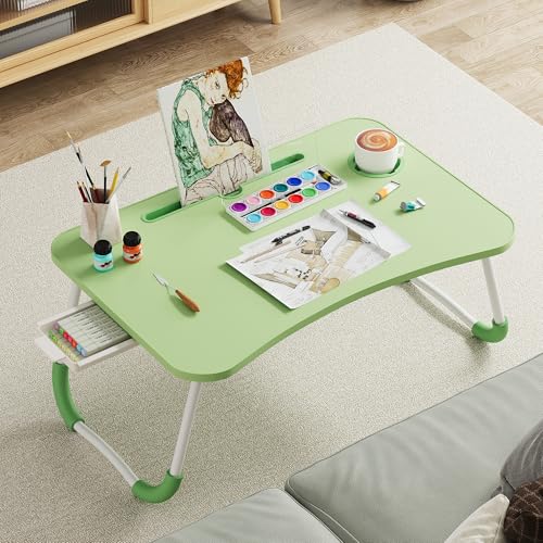 Lap Desk Bed Trays for Eating and Laptops Breakfast in Bed Tray for Sofa/Couch/Study/Reading/Writing with Cup Holder/Drawer On Low Sitting Floor Large Portable Foldable (Green) - color: Green