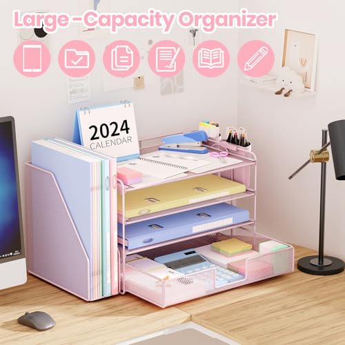 OPNICE Desk Organizer, 4-Tier Desktop File Organizer with Drawer and 2 Pen Holders, Office Desk Accessories, File Sorters, Workspace Organizers for Office Supplies(Pink) - color: Pink, size: 4-Tier