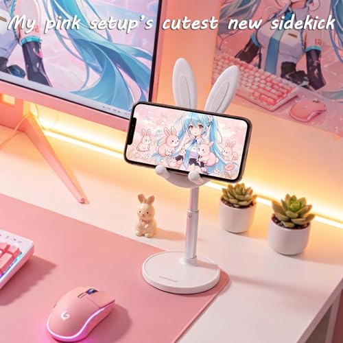 OATSBASF Cute Bunny Phone Stand, Adjustable Cell Phone Holder for Desk, Weighted Base Kawaii Desk Accessories, Aesthetic Room Decor Gift for Women/Girls/Kids, Compatible with All Phones - color: White