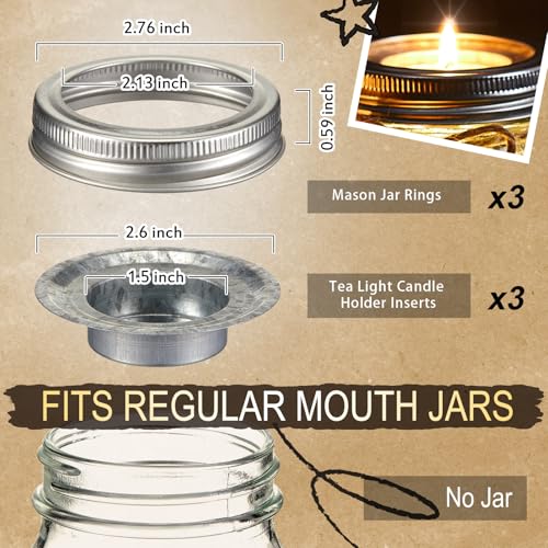 3 Sets Mason Jar Tea Light Candle Holder Lid Inserts Mason Jar Replacement Rings Farmhouse Decor for Home Party Wedding Rustic Regular Mouth Compatible with Tea Light Candles up to 1.5 Inch Diameter