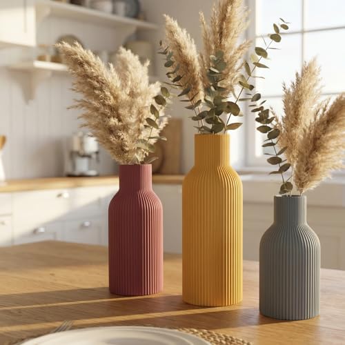 Ceramic Vase Set of 3, Modern Ribbed Boho Vases for Home Decor, Assorted Sizes Decorative Flower Vases for Pampas Grass, Dried Flowers,Shelf, Table Centerpiece - color: Mustard Yellow/Gray/Burgundy