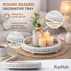 RayNab Farmhouse Round Wooden Beaded Tray – 12" Whitewashed Rustic Decorative Wood Tray for Coffee Table, Kitchen Centerpiece, Ottoman or Serving Snacks