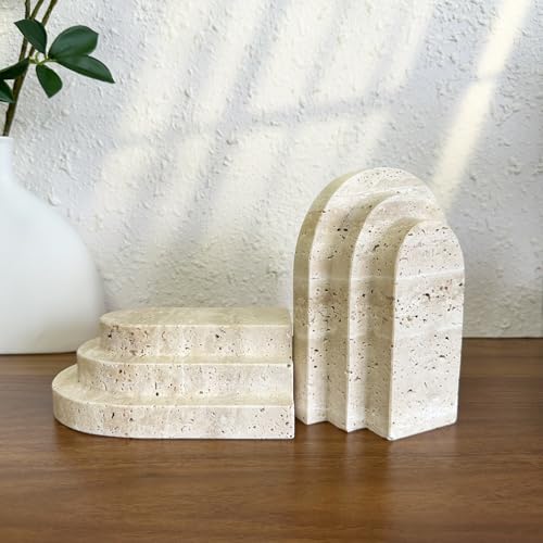 1 Piece Modern Travertine Bookend, Arched Design, Natural Stone Book Holders for Desk and Shelf (Travertine - 1 piece) - color: Travertine - 1 Piece
