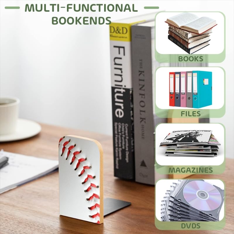 Wood Bookends Non-Slip Bookends Book Stand for Shelves Books/CD - Baseball Pattern