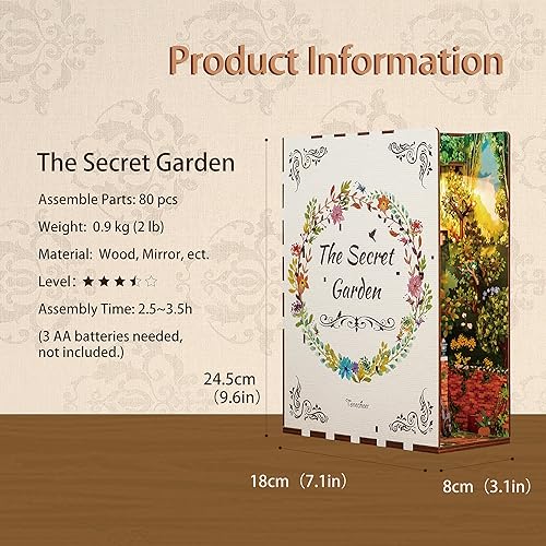 Tonecheer DIY Book Nook Kit for Adults, 3D Wooden Puzzle Bookend Bookshelf Insert Decor, Booknook Miniature House Kit with Body Motion Sensor LED Light (The Secret Garden)