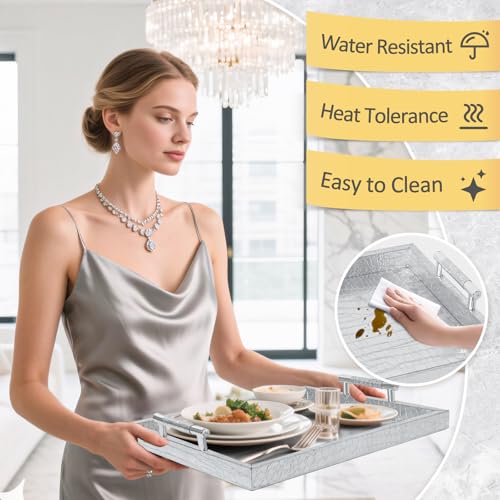 SXNOWS Faux Leather Rectangle Serving Tray with Handles, Large Decorative Tray for Ottoman Coffee Table Decor Living Room, Kitchen, Bathroom, 16x12inches (Silver) - color: Silver