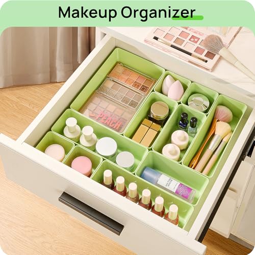 Vtopmart 25 PCS Plastic Drawer Organizers Set, 4-Size Versatile Bathroom and Vanity Drawer Organizer Trays, Storage Bins for Makeup, Bedroom, Kitchen Gadgets Utensils and Office - color: Light Green