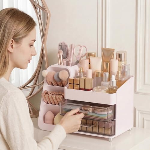 Large Capacity Makeup Organizer Countertop with Makeup Brush Holder for Vanity, Thickened Material, Bathroom Countertop Organizer Skin Care Perfumes Storage, Teen Girl Gifts for 12-23 Year（pink） - color: Pink