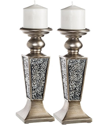 Creative Scents Schonwerk Silver Pillar Candle Holder Set of 2 - Crackled Mosaic Design - Centerpiece Table Decoration - Coffee Table Decor - Decoration Centerpiece for Living/Dining Room - Best Gift - color: Schonwerk Silver