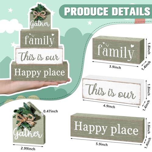Cinnvoice 4 Pcs Farmhouse Tabletop Decor Rustic Family Blessed Home Table Centerpiece This Is Us Sign for Kitchen Shelf Desk Fireplace Mantel Tiered Tray Decor(Gather Family This is Our Happy Place) - style: Gather Family This is Our Happy Place