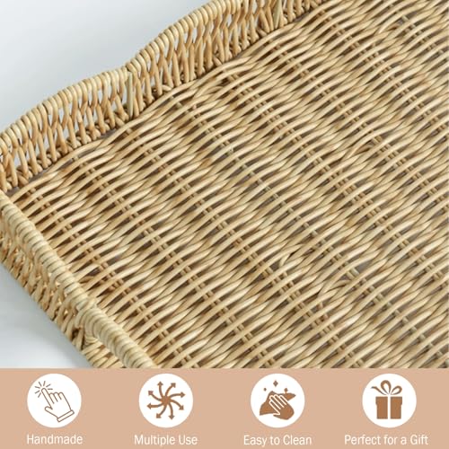 Serving Tray with Scalloped Edge, Rectangular Wicker Tray with Handles, Ideal for Breakfast or Meals in Bed and on Sofa, Decorative Coffee Table Tray to Enhance Dining (Beige)