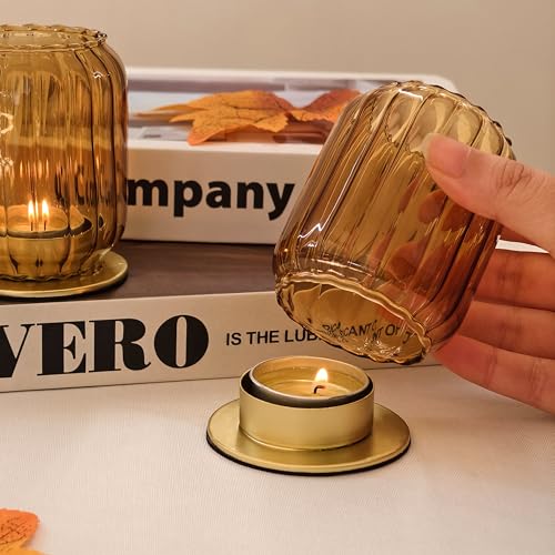 Vixdonos Glass Hurricane Tealight Candle Holder with Metal Candle Stand,Set of 3 Modern Windproof Votive Candle Holders for Wedding Party Table Centerpiece Outdoor,Amber - color: Amber