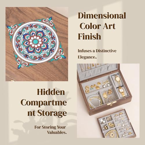 KINTNESS Black Walnut Wooden Jewelry Box with Lock - Large Jewelry Organizer for Women with Dimensional Color Art Finish Design, Jewelry Safe with Key for Bracelet, Necklace - style: Dimensional Color Art Finish-Big