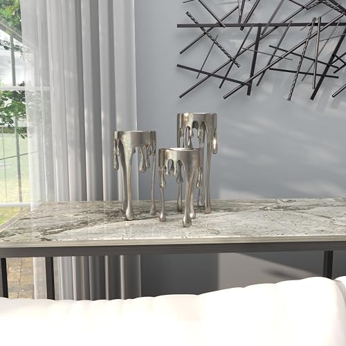 CosmoLiving by Cosmopolitan Aluminum Metal Abstract Decorative Candle Holder Melting Drip Candle Stand, Set of 3 Candlestick Holder 12", 10", 8"H, Silver - color: Silver