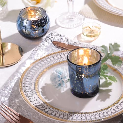 DEVI 12PCS Assorted Blue Votive Candle Holders, Mercury Tealight Candle Holder Glass, Wedding Table Decorations for Home Party, Navy Blue Birthday Graduation Rehearsal Party Dinner Decorations - color: Blue