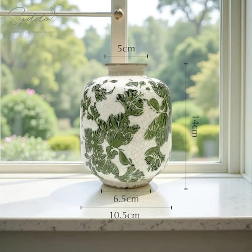 SYDDOL 5.5" Vintage Ceramic Vase, Rustic French Country Style with Crackle Glaze, Handcrafted Green Floral Pattern, Small Decorative Vase for Home, Table Centerpieces, Living Room, Shelf & Mantel