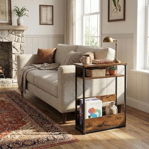 Narrow Side Table,3-Tier Slim End Table with Storage Shelf,Modern Sofa Table Thin Side Table for Narrow and Small Spaces, Skinny Bedside Table Small Nightstand with Magazine Rack Space Saving/Brown - color: Rustci Brown
