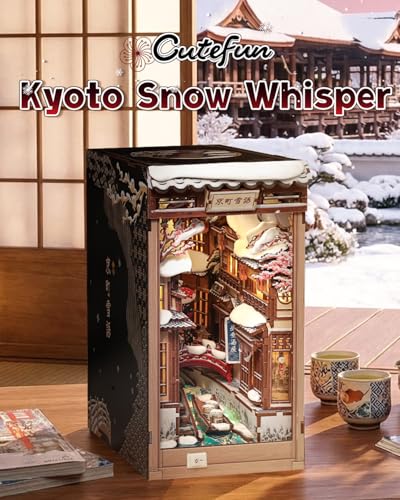 Cutefun DIY Book Nook Kit Kyoto Snow Whisper – Japanese Snow Scene 3D Wooden Puzzle Miniature Dollhouse Kit with LED Light, Bookshelf Insert Decor, Creative Gift for Adults, Teens & Book Lovers - style: Kyoto Snow Whisper