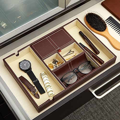 Juvale Rectangular Catchall Tray - 6-Compartment Nightstand Organizer - Polished Key Bowl - Portable Drawer Organizer - Brown Faux Leather - color: Brown