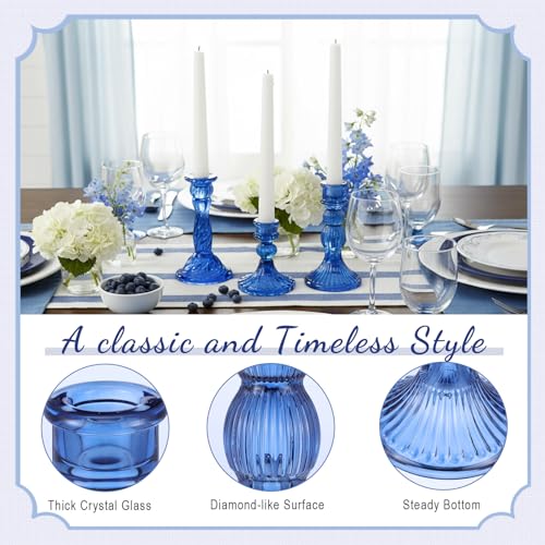 Mumufy 20 Pcs Glass Crystal Taper Candle Holders Clear Glass Candlestick Holder Fit 0.8 Inch Candles Crystal Decorative Candle Stand Centerpiece Table Wedding Dining Party (Blue) - color: Blue