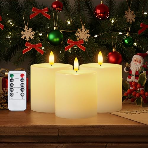 Homemory White Flameless Candles Battery Operated with Remote Timer, 3x3 Real Wax LED Pillar Candle for Home Fireplace Bedroom Living Room Party, Set of 3 - color: D3"xH3"3"3"-White
