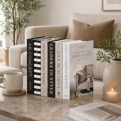 Decorative Books Set of 6 – Faux Books for Home Decor, Coffee Table Decor Books, Fake Books for Decoration, Bookshelf Styling & Living Room Decor, Stacked Book Decor - color: Ad