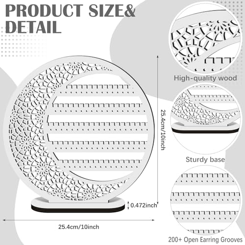 Kathfly Large Boho Moon Wooden Earring Display Organizer Stand Gift 10 Inch Floral Goth Earrings Stud Jewelry Holder Dangle Hanging Holder Gift for Women(White) - color: White
