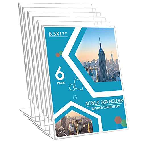 Acrylic Sign Holder 6 Pack 8.5x11 Slant Back Acrylic Stands for Display Plexiglass Clear Acrylic Display Stands for Ad Frame, Picture Photo Frames, Promotions, Restaurants, Office, Store, Home - size: 8.5x11 Inch (Pack of 6)