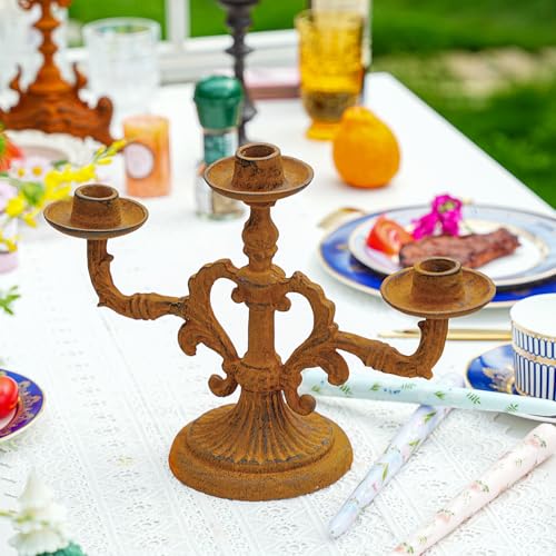 Sungmor Vintage 3-Arm Cast Iron Candelabra, 9.2" Tall Heavy-Duty Rustic Candle Holder for Home Decor, Decorative Candle Stand Centerpiece for Dinners/Weddings/Halloween/Christmas etc Festivals - color: Round Base - 9.2inch Tall