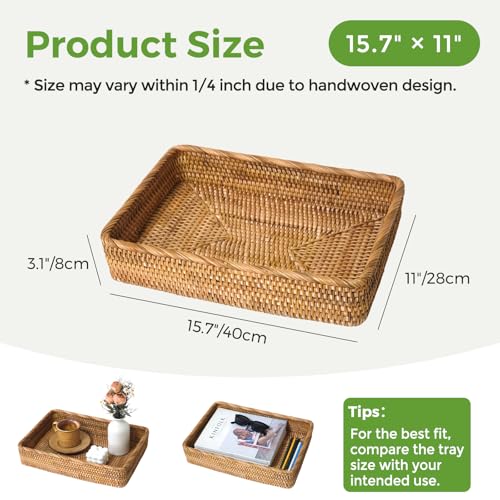 Wicker Storage Tray, Rattan Basket Rectangular for Bathroom Living Room, Decorative Serving Woven Trays Wicker Baskets for Organizing Home Decor L(15.7" × 11") - style: L (15.7" × 11")