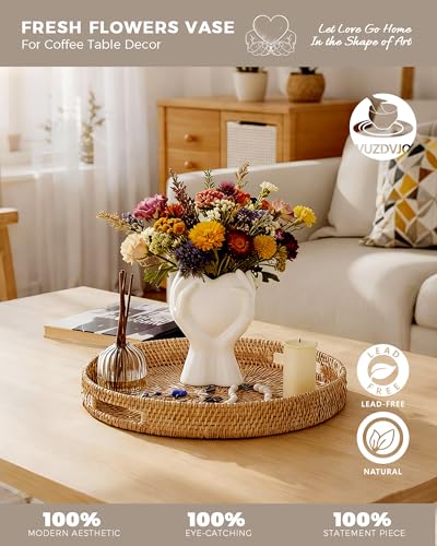 A Heart Held in Two Hands White Vases for Flowers - Cute Modern Small Ceramic Flower Vase for Pampas Grass - Decorative Table Vase for Coffee or Dining Table Centerpiece, Shelf - Gift for Mom (White) - color: White