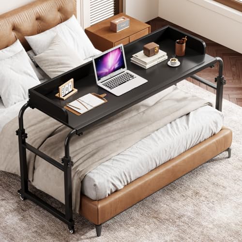 Saifu Overbed Table with Wheels,Adjustable Height & Length Laptop Desk for Bed,King & Queen Size Beds Bed Table,Rolling Standing Desk,Over Bed Table for Working Reading Eating,Black - color: Black