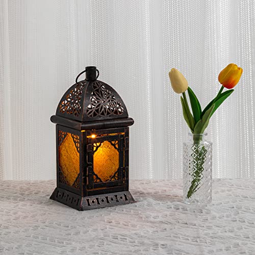 Candle Lanterns Decorative Indoor & Outdoor, 12'' Vintage Moroccan Hanging&Tabletop Lantern, Christmas Halloween Metal Candle Holder for Home Front Porch Patio Decor (Amber) - color: Amber-square - 12''h, size: Large