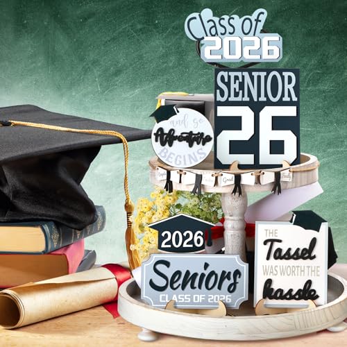 10 Pcs Graduation Tiered Tray Decor Set Senior Class of 2026 Table Decorations Senior Hat Gown Wood Sign for Tiered Tray and So the Adventure Begins Graduation Gifts for College Students - style: Graduation