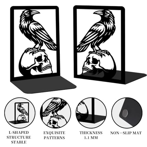 Raven and Skull Decor Gothic Metal Bookends for Shelves, Office Desk Organizer Book Ends for Heavy Books, Home Office Desk Bookshelf Decor Gift for Gothic Lovers and Reading Enthusiasts - style: Crow