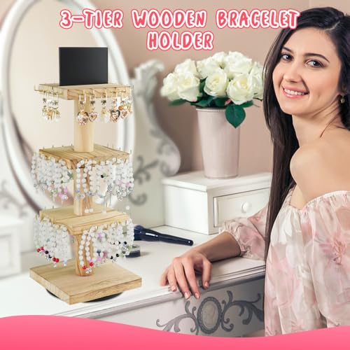 ERTIUANIO Bracelet Holder Display, 3 Tier Wooden Rotating Display Stand for vendors, 60 Hooks for Bracelet, KeyChain, Necklace, Jewelry