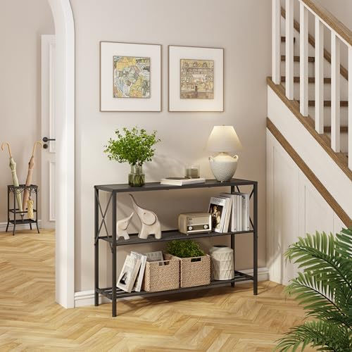 Hoctieon Industrial Console Table, 3 Tier Entryway Table, Hallway Table, Narrow Sofa Table with Shelves, Entrance Table for Entryway, Living Room, Foyer, Hallway, Office, Black - color: Black
