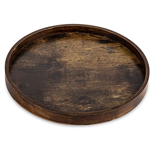 Hanobe DecorativeTray for Coffee Table : Round Vintage Brown Wood Trays for Home Decor - Farmhouse Circle Ottoman Plate for Kitchen Centerpiece Counter Display Living Room 12" - color: Brown