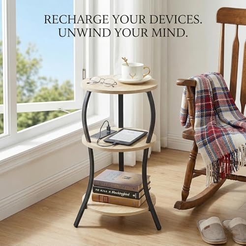 Small Round Side Table with Charging Station, 3-Tier Waist Circular End Table with Storage Shelf, Compact Tea Sofa Side Table Small Spaces, Round Corner Coffee Table for Living Room Bedroon,Oak - color: Oak, style: USB Charger
