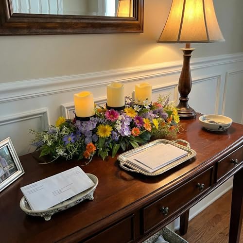 26 Inch Spring Summer Centerpiece with 3 Candle Holders Floral Table Centerpiece with Daisies and Wildflowers for Dining Table Mantel Wall and Farmhouse Table Decoration