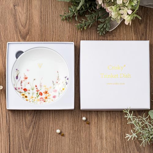 Crisky Initial Jewelry Tray Ring Dish & Gift Box, Ceramic Flower Trinket Dish for Rings Earrings Necklaces Keys, Bridal Shower Engagement Birthday Gift for Women, Friends 4.57" (Gold Foil V - style: Initial V