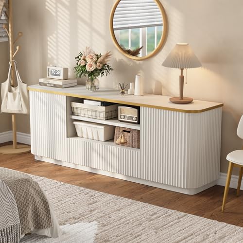 QUW 70" Fluted TV Stand for TVs Up to 80", Modern Entertainment Center with 2 Drawers & Cabinets, TV Console with Curved Profile Design, Luxury Wooden Media Console for Living Room, White - color: White
