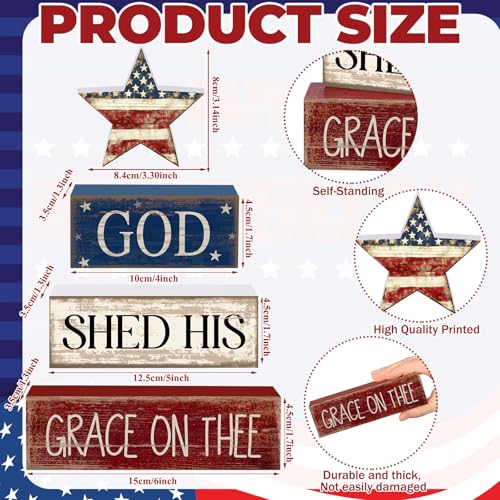 CroBlissful 4 Pcs 4th of July Decorations Patriotic Memorial Day Tabletop Decoration Red White Blue Table Centerpieces Sign for Office Tiered Tray Home Shelf 250th Anniversary(God Star) - style: God Star