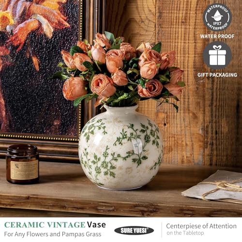 Green Pastoral Round Ceramic Vase 5.9”, Vintage Floral Rustic Farmhouse Vase, Chinoiserie Tuscan Cottage Core Decor for Living Room, Office - color: 13-green and Beige