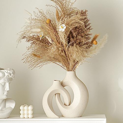 Lvases Snuggle Hollow Ceramic Vase Set of 2, Nordic Modern Boho ins Style Decorative Ceramic Aesthetic Flower Vase for Home Decor (Milky White W 6.3" X H 8.4") - color: Large Cream White