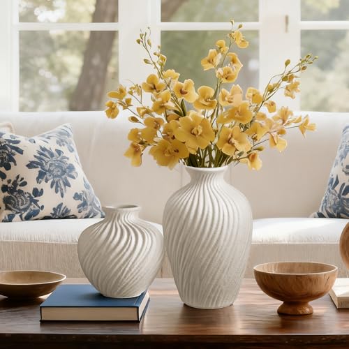 White Ceramic Vase Set of 2 - Modern Flower Vases for Home Decor - Rustic Textured White Vase for Living Room Decor - 8.65×5.5 & 5.5×5.5 Inch Round Vases for Dining Table Centerpiece Decoration