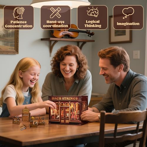 CUTEFUN Book Nook Kit - 3D Puzzle Musical Instrument Store Bookend Bookshelf Decor for Adults, Tiny House Miniature Model Building Kits, DIY Crafts Gifts for Teens & Book Lovers (Bach Strings) - style: Musical Instrument Shop