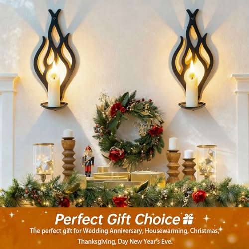 Wall Candle Sconces Set of 2, Modern Minimalist Metal Candle Holders for Pillar, Tealight, and LED Candles, Flame-Shaped Decorative Wall Decor for Living Room Dining Room (Black) - color: Black Flame-shaped