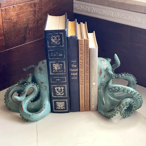 Aqua Green Octopus Bookends Set of 2 – Coastal Nautical Polyresin Wall Decor for Bookshelves, Office, Bedroom, Living Room, Beach House, Animal Ocean Themed, Felt Pad Feet, Unique Gift for Book Lovers - color: Octopus - Aqua Green